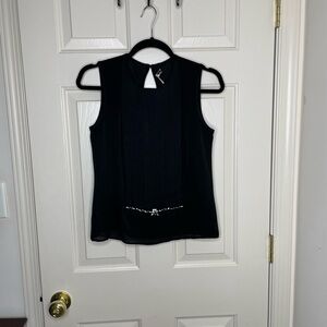 LEON MAX Limited Edition black silk pleated rhinestone sleeveless blouse | S